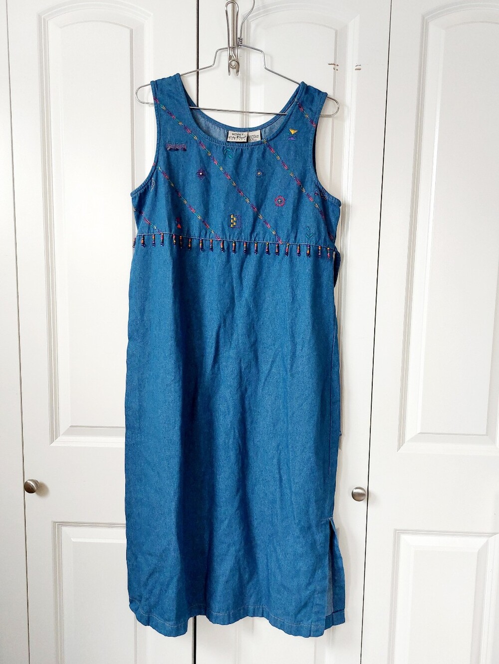 Boho Beaded Rainbow Southwestern Denim Dress Medium Koret 90s Indie Cottagecore